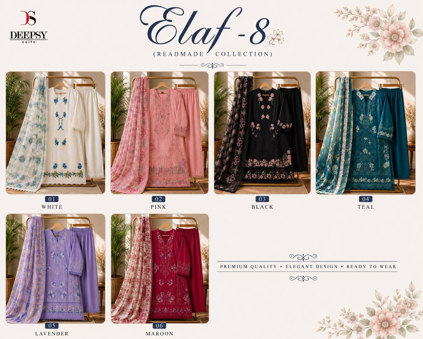 ELAF-8 By DEEPSY SUITS 01 To 06 Series Pakistani Suits Colorful Ethnic Wear Pure Cotton Readymade Dresses At Wholesale